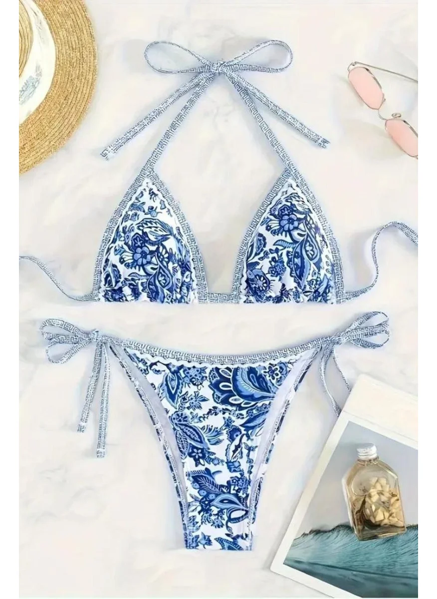 Bella Notte Patterned Blue Triangle Bikini Set