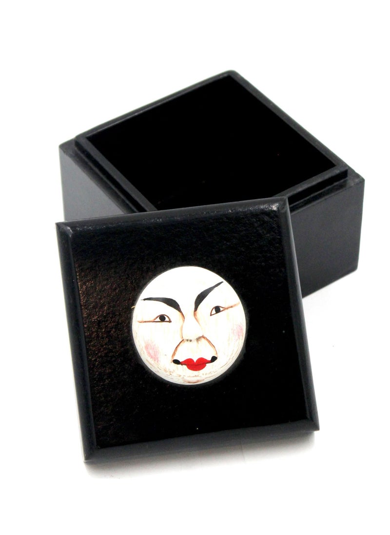 Antique Museum - THAI WOODEN HANDMADE SQUARE BOX WITH SMILING FACE-10CM-TH990A - Image 1