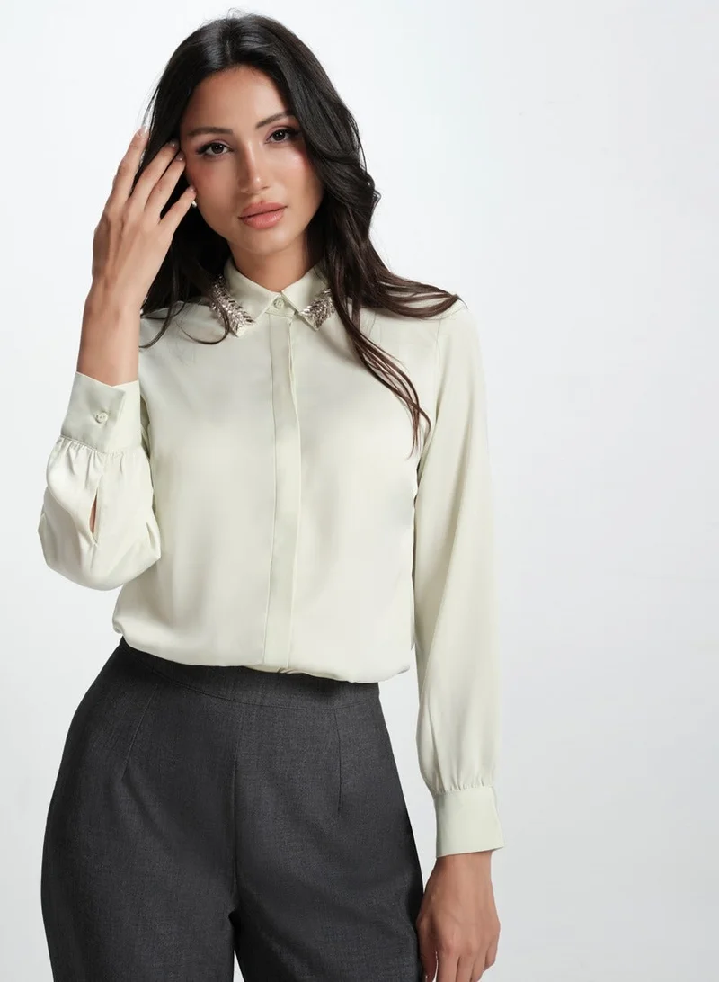 Zigzag Collar Bead Detailed Chiffon Shirt