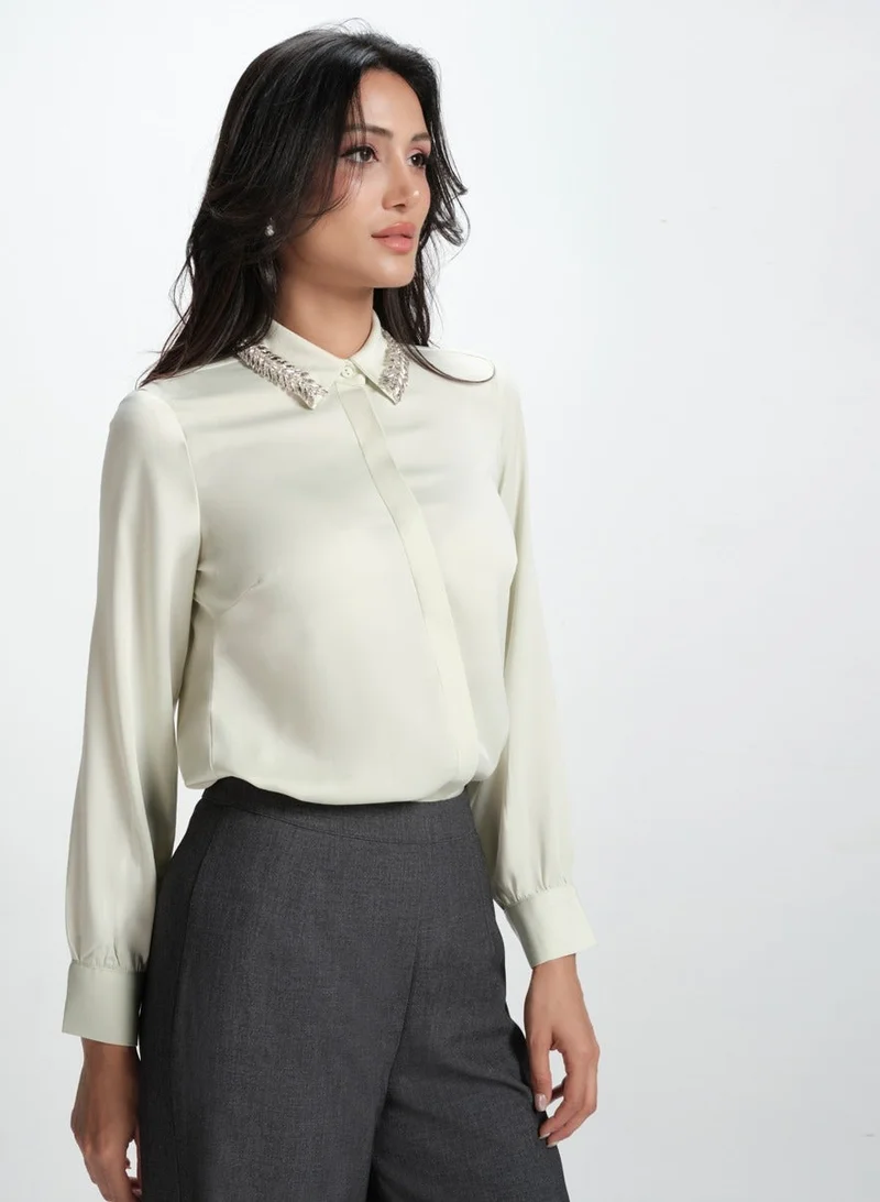 Zigzag Collar Bead Detailed Chiffon Shirt