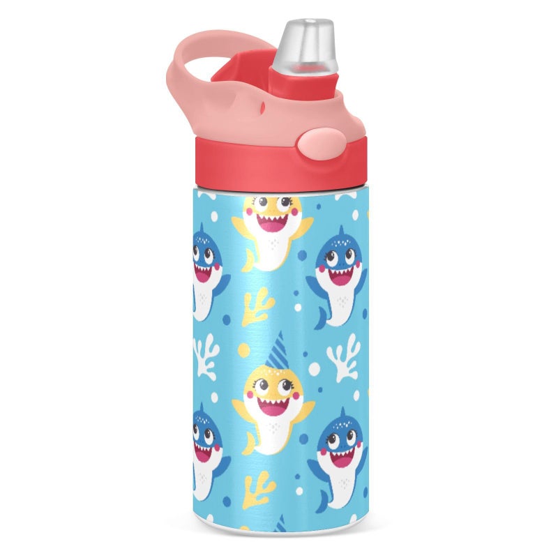 Cute Shark Pink Kids Water Bottle with Straw Lid Insulated Stainless Steel Reusable Tumbler Leakproof Vacuum for Girls Toddler School Sports 12oz
