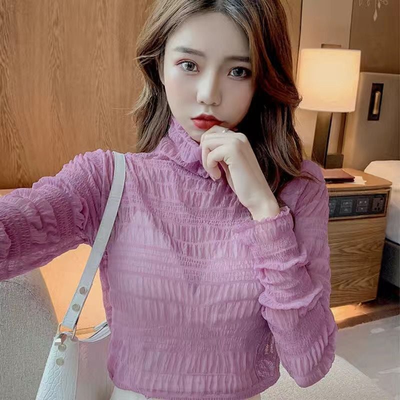2022 Spring and Autumn Mesh Base Shirt Womens Long-sleeved Thin All-match Transparent High Collar Lace Stylishly Inner Chiffon Top Lotus root starch 