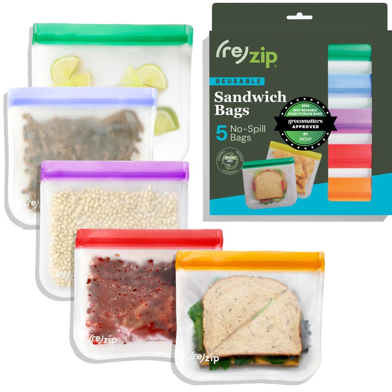 re zip 5pack Reusable Sandwich Lunch Food Storage Bags 28 Fl Oz 35 Cup  BPAFree Food Grade Leakproof Freezer Safe Dishwasher Safe Travel Friendly  Jewel Tones for Easy Organization