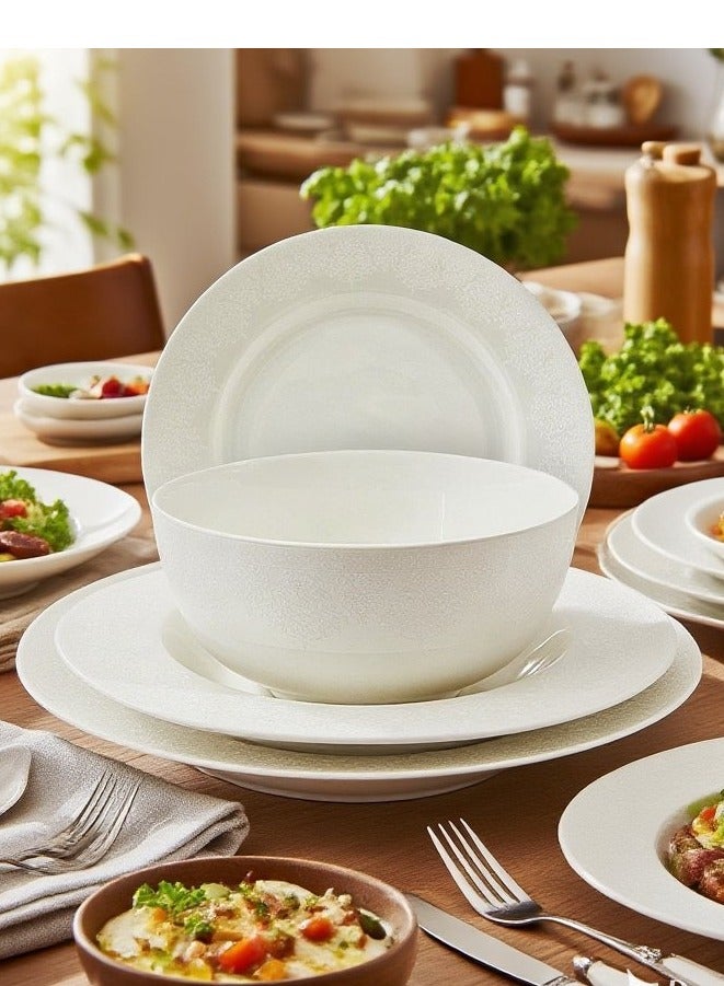 تراست طقم عشاء من البورسلين مكوّن من 24 قطعة باللون الأبيض؛ 6 قطع أطباق عشاء مقاس 27 سم، 6 قطع أطباق شوربة مقاس 22 سم، 6 قطع أطباق جانبية مقاس 20.5 سم، 6 قطع سلطانية مقاس 14 سم. - Image 1