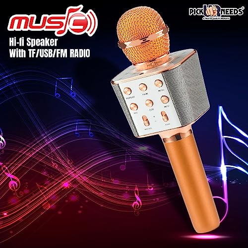 Pick Ur Needs Karaoke Bluetooth Mic Wireless Duplex Bluetooth Microphone Connection Player Speaker 2-in-1 with Recording + USB + FM Microphone Karaoke Mic (Copper) - Image 3