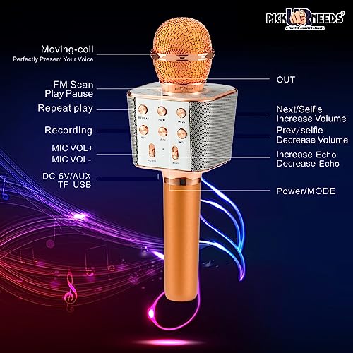 Pick Ur Needs Karaoke Bluetooth Mic Wireless Duplex Bluetooth Microphone Connection Player Speaker 2-in-1 with Recording + USB + FM Microphone Karaoke Mic (Copper) - Image 4