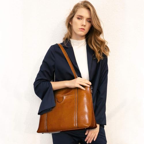S-ZONE Women Genuine Leather Top Handle Satchel Daily Work Tote Shoulder Bag - Image 2