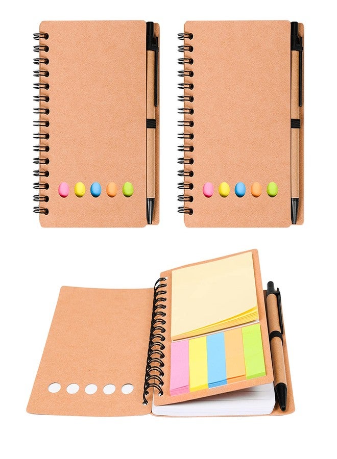 Kisdo Lined Spiral Notebook Kraft Paper Cover Notepad with Pen in Holder, Sticky Notes and Page Marker Colored Index Tabs, 4.5“x5.5” Steno Pocket Business Notebook (Brown 2 Packs) - Image 1