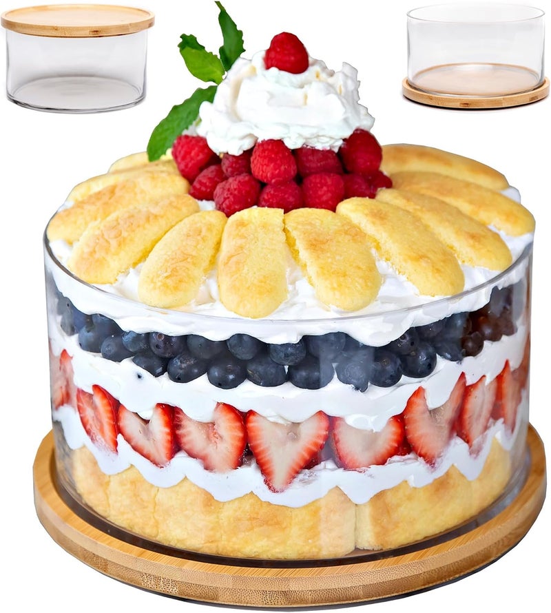 25DOL XXL Extra Large 10 inch Clear Glass Salad Bowl Dish【Hand Blown】 Dual Function Bamboo Lid - Mixing Bowl for Salads, Dessert, Fruit, Punch - Centerpiece Large Serving Bowls for Entertaining - Image 1