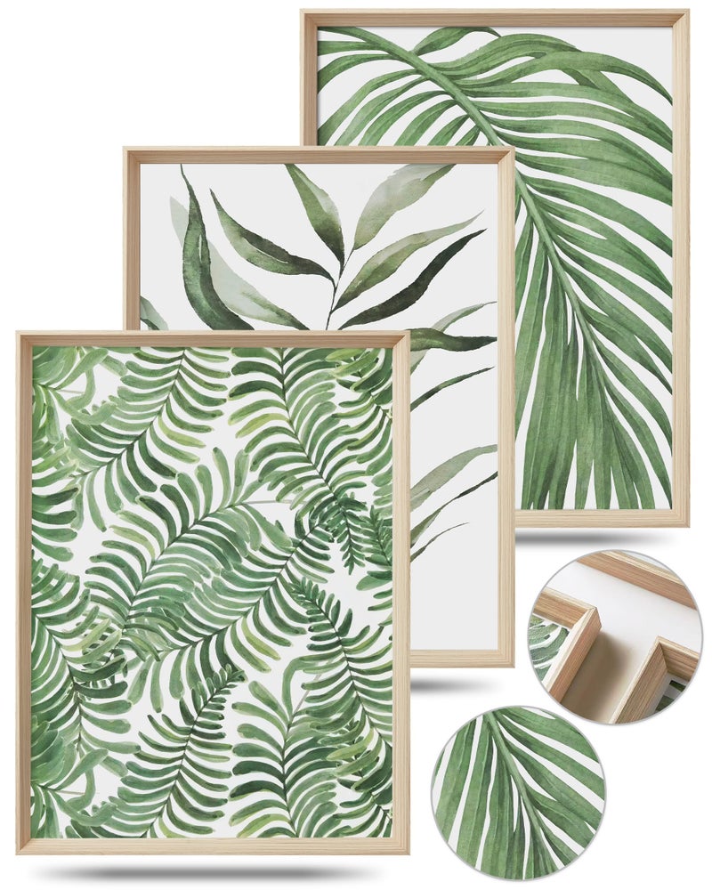 UPWOIGH 12x16 in Framed Wall Art Green Palm Leaves Canvas Botanical Minimalist Sage Plant Prints Neutral Wall Decor Set of 3 for Living Room BedroomGift