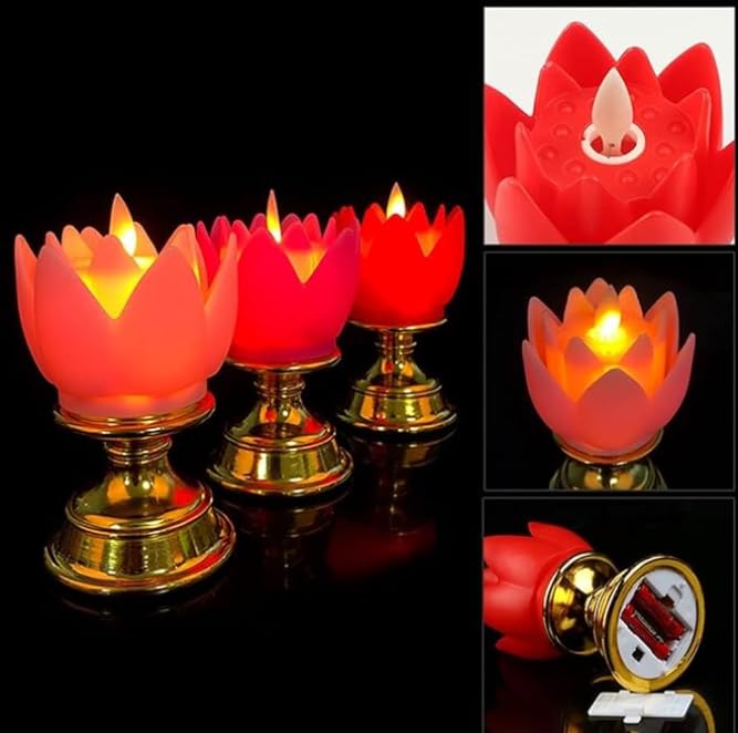 Artificial Flower Shape Lotus with Golden Stand LED Candles Lights Diya for Home Decoration Diwali Decoration Batteries Included Pack of 6 Pcs - Image 5