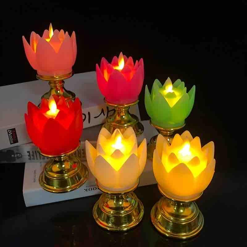 Artificial Flower Shape Lotus with Golden Stand LED Candles Lights Diya for Home Decoration Diwali Decoration Batteries Included Pack of 6 Pcs - Image 1