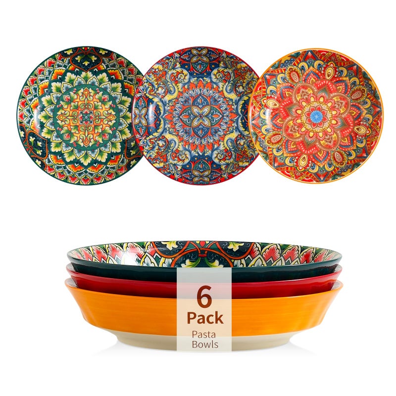 ASBEFORE Ceramic Pasta Bowls Set of 6-8 inch 32 oz Serving Bowls, Colorful Dinner Bowls for Soup,Salad, and Pasta, Kitchen, Microwave, Dishwasher Safe, mexican, Bohemian Style - Image 1