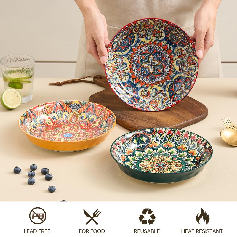 ASBEFORE Ceramic Pasta Bowls Set of 6-8 inch 32 oz Serving Bowls, Colorful Dinner Bowls for Soup,Salad, and Pasta, Kitchen, Microwave, Dishwasher Safe, mexican, Bohemian Style - Image 3