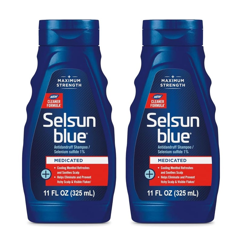 Selsun blue شامبو سيلسون بلو الطبي المضاد للقشرة مع المنثول، 11 أونصة سائلة، أقصى قوة، سيلينيوم سلفيد 1% (عبوة من 2)  - Image 1