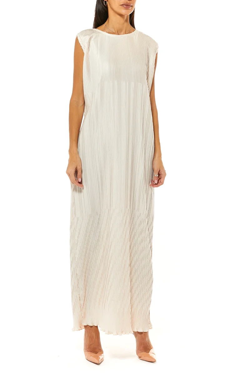 Moistreet Crew Neck Pleated Maxi Dress