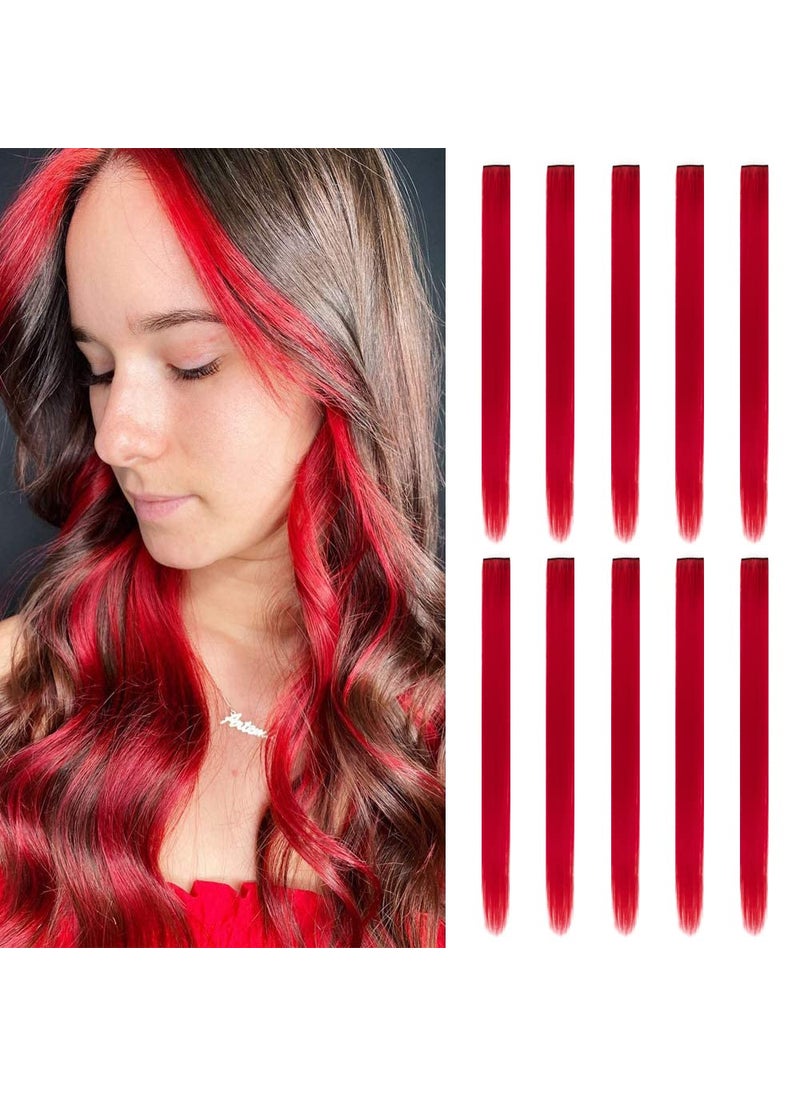 HH FASHION - 20 Inch Colored Hair Extensions Party Highlights Straight Colorful Clip In Hair Extensions Synthetic Rainbow Hairpieces for Girls Kids Gift10Pcs Red - Image 1