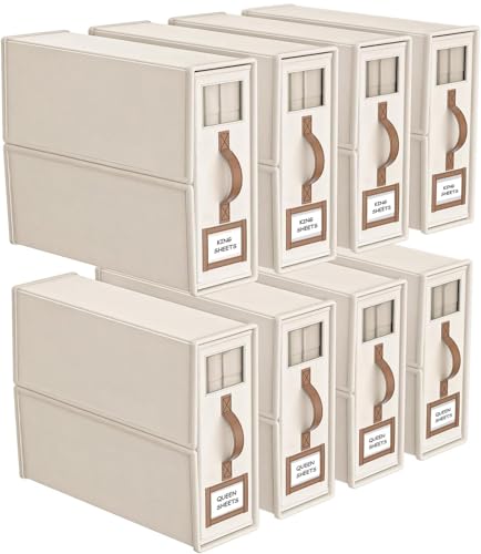 BigPonPon 8 Pack Bed Sheets Organizers And Storage,Sheets Set Folder Keeper with Handle,Foldable Bedding Storage Box For Linen Closet,Duvet Cover(King Size-3.7 Gal,Beige) - Image 1