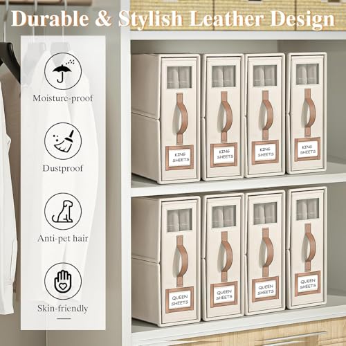 BigPonPon 8 Pack Bed Sheets Organizers And Storage,Sheets Set Folder Keeper with Handle,Foldable Bedding Storage Box For Linen Closet,Duvet Cover(King Size-3.7 Gal,Beige) - Image 5