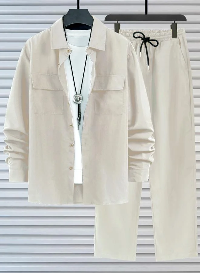 Take Two Men Beige Casual Shirt and Drawstring Pants Co-ords
