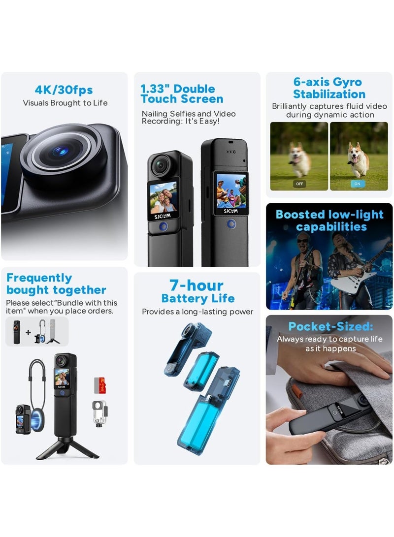 C300 Pocket Travel Action Camera 4K,7Hour Power,154° Wide FOV Video Recording,6-Axis Stabilization,Dual-Touch Screen Body Camera,30M Waterproof,Vlogging and Youtube Live Streaming,Black 64G card - Image 2