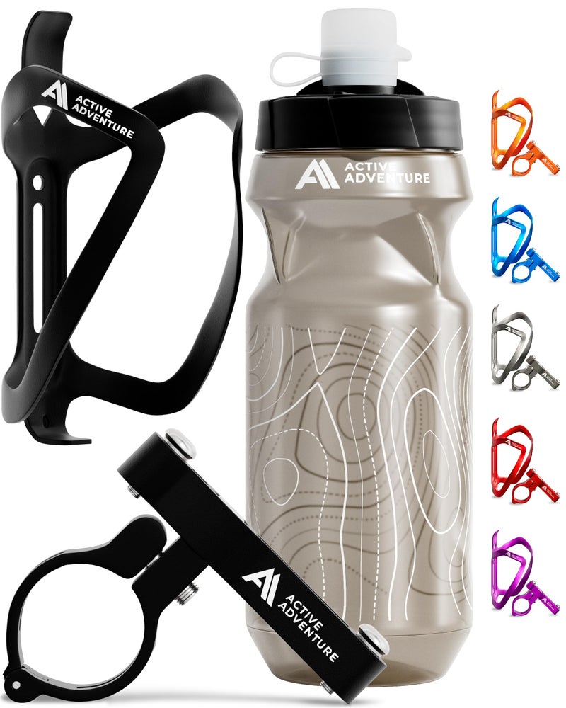 Active Adventure Bike Water Bottle Holder Combo - 20 Oz Squeeze Bottle & Bicycle Mount Cage Rack, No Screws Needed, Durable Alloy - Fits All Handlebar Bikes & MTB Mountain Road - for Adults, Kids (Black) - Image 1