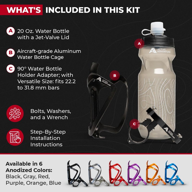Active Adventure Bike Water Bottle Holder Combo - 20 Oz Squeeze Bottle & Bicycle Mount Cage Rack, No Screws Needed, Durable Alloy - Fits All Handlebar Bikes & MTB Mountain Road - for Adults, Kids (Black) - Image 2