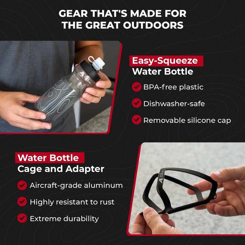 Active Adventure Bike Water Bottle Holder Combo - 20 Oz Squeeze Bottle & Bicycle Mount Cage Rack, No Screws Needed, Durable Alloy - Fits All Handlebar Bikes & MTB Mountain Road - for Adults, Kids (Black) - Image 5