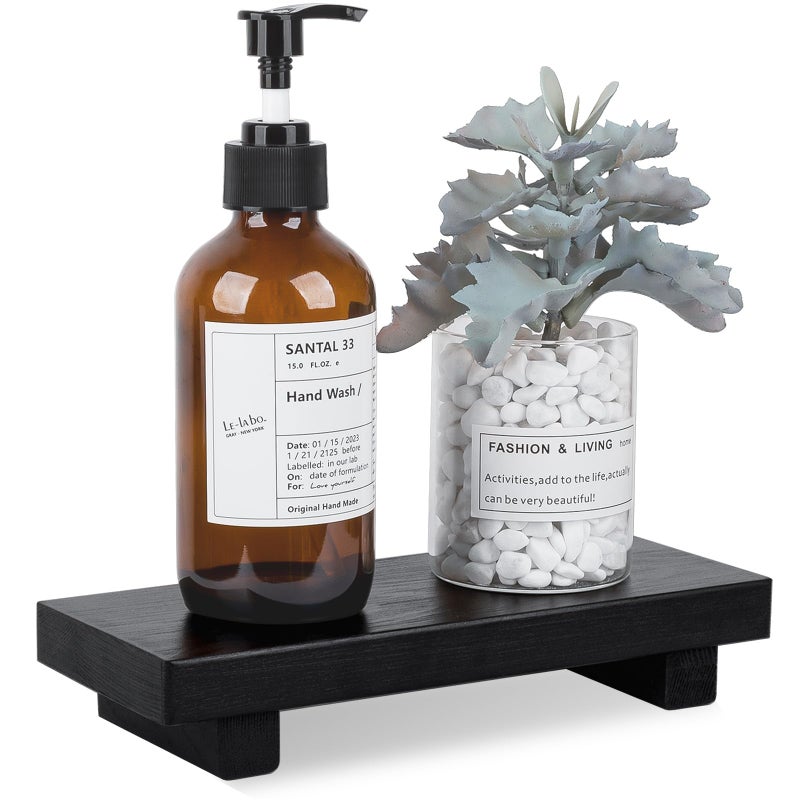 Bathroom Counter Organizer Wood Pedestal Stand Farmhouse Decorative Tray Soap Holder for Kitchen Decor Small Black