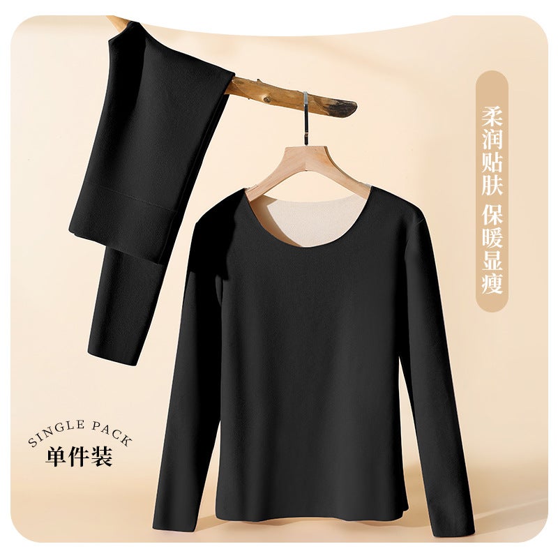 Autumn and winter German velvet thermal underwear womens suit fleece-lined thickened autumn clothes autumn pants womens bottoming shirt 2023 new women 8193 # Black suit 