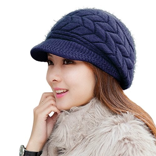 HINDAWI Womens Winter Newsboy Hat Warm Knit Wool Ski Snow Caps with Visor Navy - Image 1
