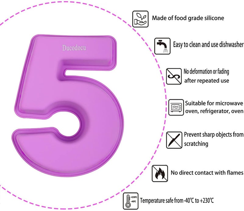 Ducodocu Large Silicone Number Cake Mould 3D Novelty Cake Pan DIY Baking Mold for Birthday Anniversary Number of 5 - Image 2