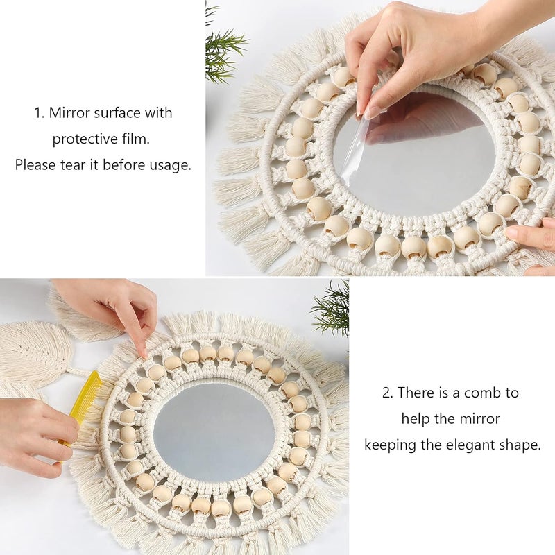 LOMOHOO Hanging Wall Mirror with Macrame Fringe Round Decoration Boho Antique Mirror with Wood Beads Feather Pendantfor Apartment Living Room Bedroom Baby Nursery (Leaf Fringe) - Image 3