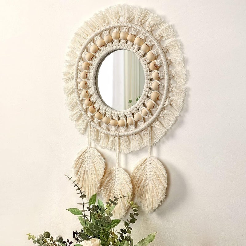 LOMOHOO Hanging Wall Mirror with Macrame Fringe Round Decoration Boho Antique Mirror with Wood Beads Feather Pendantfor Apartment Living Room Bedroom Baby Nursery (Leaf Fringe) - Image 2