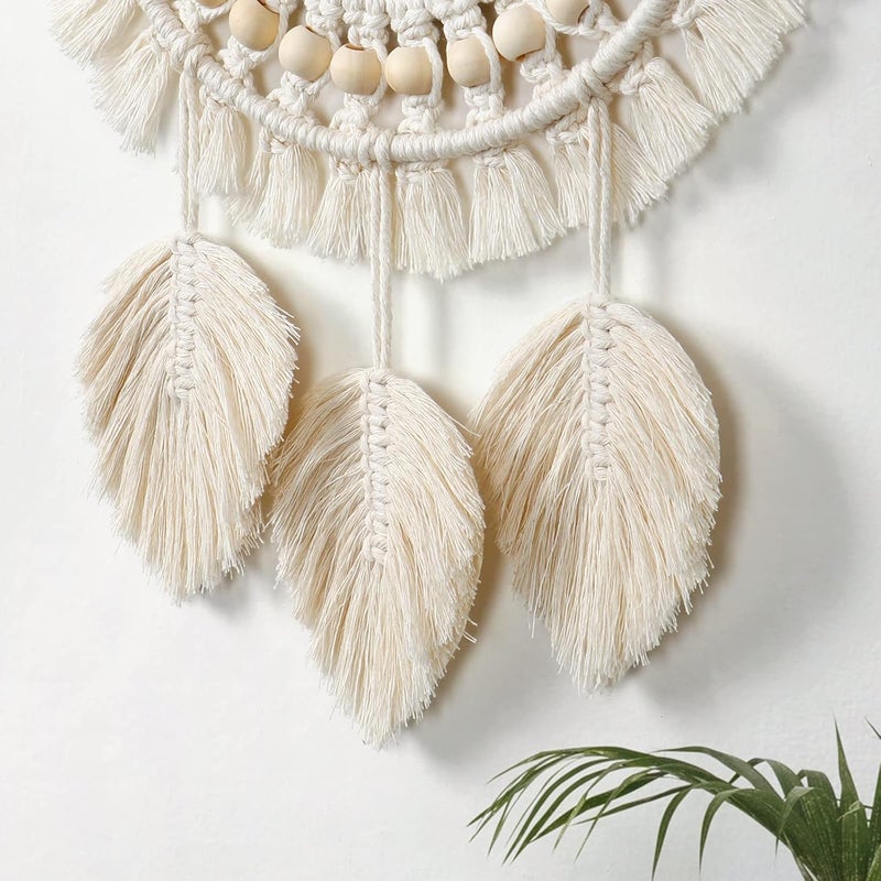 LOMOHOO Hanging Wall Mirror with Macrame Fringe Round Decoration Boho Antique Mirror with Wood Beads Feather Pendantfor Apartment Living Room Bedroom Baby Nursery (Leaf Fringe) - Image 4