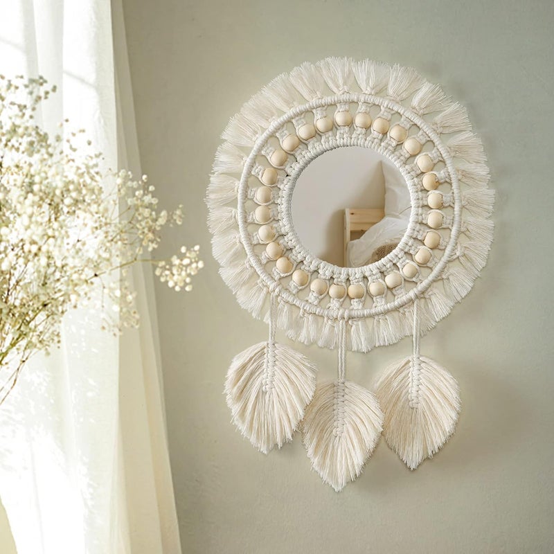 LOMOHOO Hanging Wall Mirror with Macrame Fringe Round Decoration Boho Antique Mirror with Wood Beads Feather Pendantfor Apartment Living Room Bedroom Baby Nursery (Leaf Fringe) - Image 1