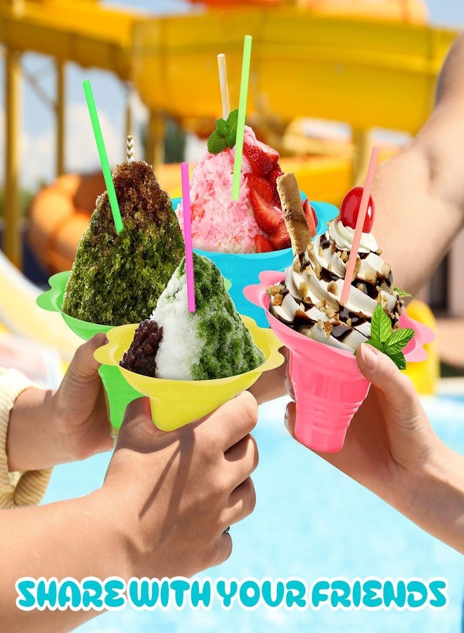 Skylety 100 Set Colorful Flower Snow Cone Cups with Spoon Straws, 8 oz Snow Cone Bowl, Plastic Ice Cream Snacks Bowls, Shaved Ice Drip Cups for Birthday Summer Holiday Party Trifle and Shaved - Image 5