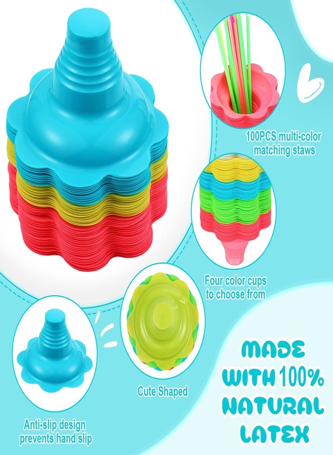 Skylety 100 Set Colorful Flower Snow Cone Cups with Spoon Straws, 8 oz Snow Cone Bowl, Plastic Ice Cream Snacks Bowls, Shaved Ice Drip Cups for Birthday Summer Holiday Party Trifle and Shaved - Image 3