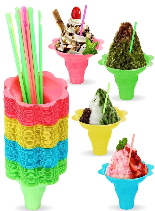 Skylety 100 Set Colorful Flower Snow Cone Cups with Spoon Straws, 8 oz Snow Cone Bowl, Plastic Ice Cream Snacks Bowls, Shaved Ice Drip Cups for Birthday Summer Holiday Party Trifle and Shaved - Image 1