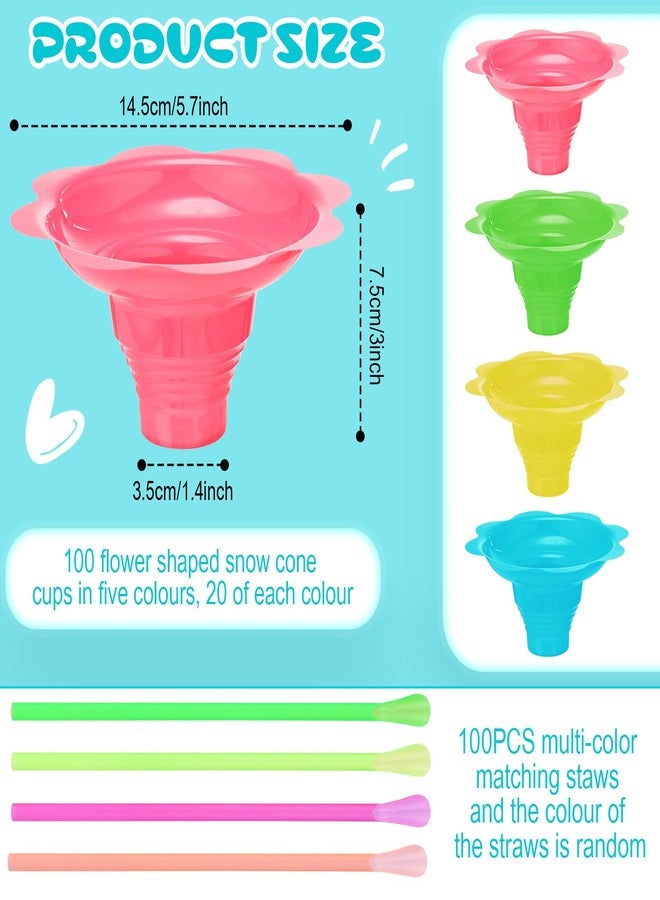 Skylety 100 Set Colorful Flower Snow Cone Cups with Spoon Straws, 8 oz Snow Cone Bowl, Plastic Ice Cream Snacks Bowls, Shaved Ice Drip Cups for Birthday Summer Holiday Party Trifle and Shaved - Image 2