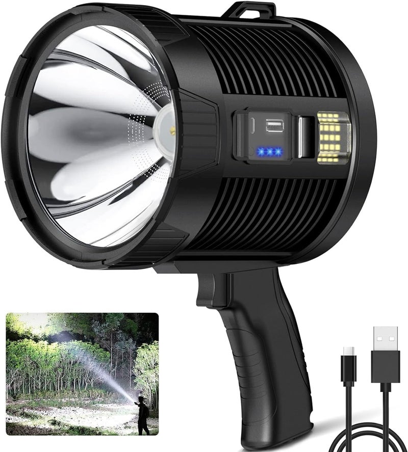 Jukmen Jukmen 90000 Lumens Spotlight Rechargeable Spotlight Flashlight with Tripod 6 Modes and 3 Colors Filter Super Bright Led Spot Lights Outdoor Handheld Solar Searchlight for Hunting Marine Camping  - Image 1