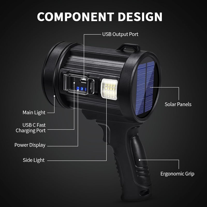 Jukmen Jukmen 90000 Lumens Spotlight Rechargeable Spotlight Flashlight with Tripod 6 Modes and 3 Colors Filter Super Bright Led Spot Lights Outdoor Handheld Solar Searchlight for Hunting Marine Camping  - Image 3