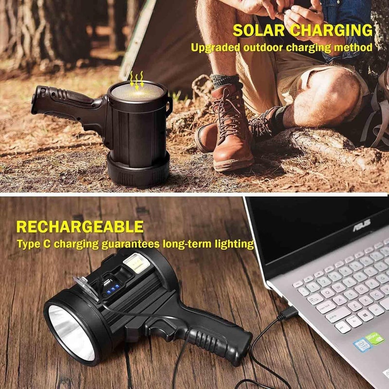 Jukmen Jukmen 90000 Lumens Spotlight Rechargeable Spotlight Flashlight with Tripod 6 Modes and 3 Colors Filter Super Bright Led Spot Lights Outdoor Handheld Solar Searchlight for Hunting Marine Camping  - Image 4