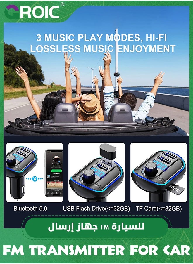 GROIC - Bluetooth FM Transmitter for Car, Bluetooth Car Adapter Radio Transmitter, Dual USB Car Charger, MP3 Music Player Bluetooth 5.0 Car Kit with Breathing Light, Hands-Free Calls Siri Google Assistant - Image 1