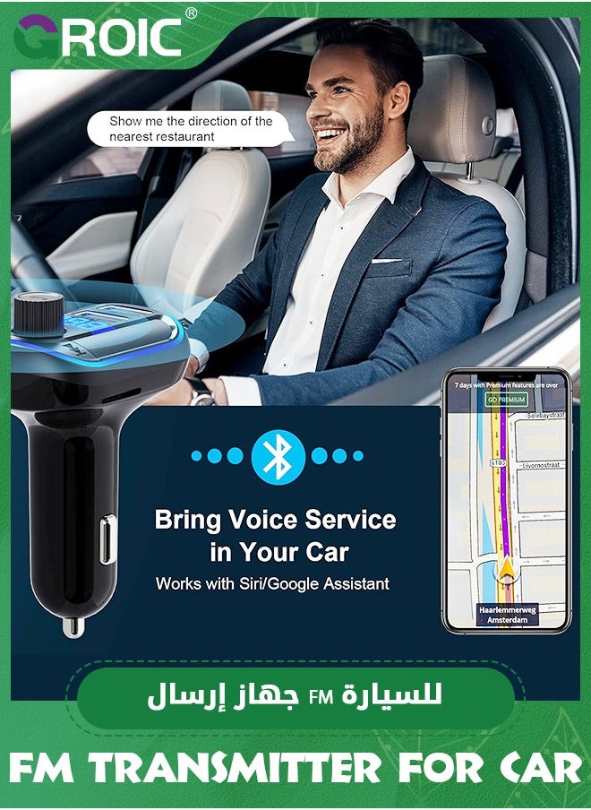 GROIC - Bluetooth FM Transmitter for Car, Bluetooth Car Adapter Radio Transmitter, Dual USB Car Charger, MP3 Music Player Bluetooth 5.0 Car Kit with Breathing Light, Hands-Free Calls Siri Google Assistant - Image 1