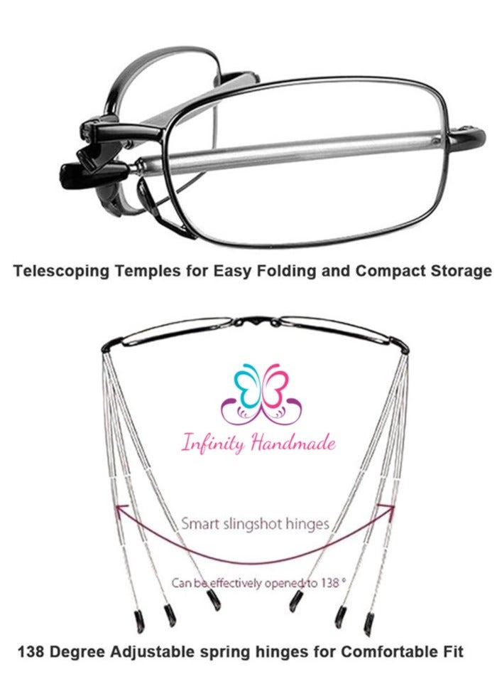 Reading Glasses Portable Folding with Flexible Spring Hinge for Men and Women, with a Stylish Case, Exclusive to Infinity Handmade Seller Only