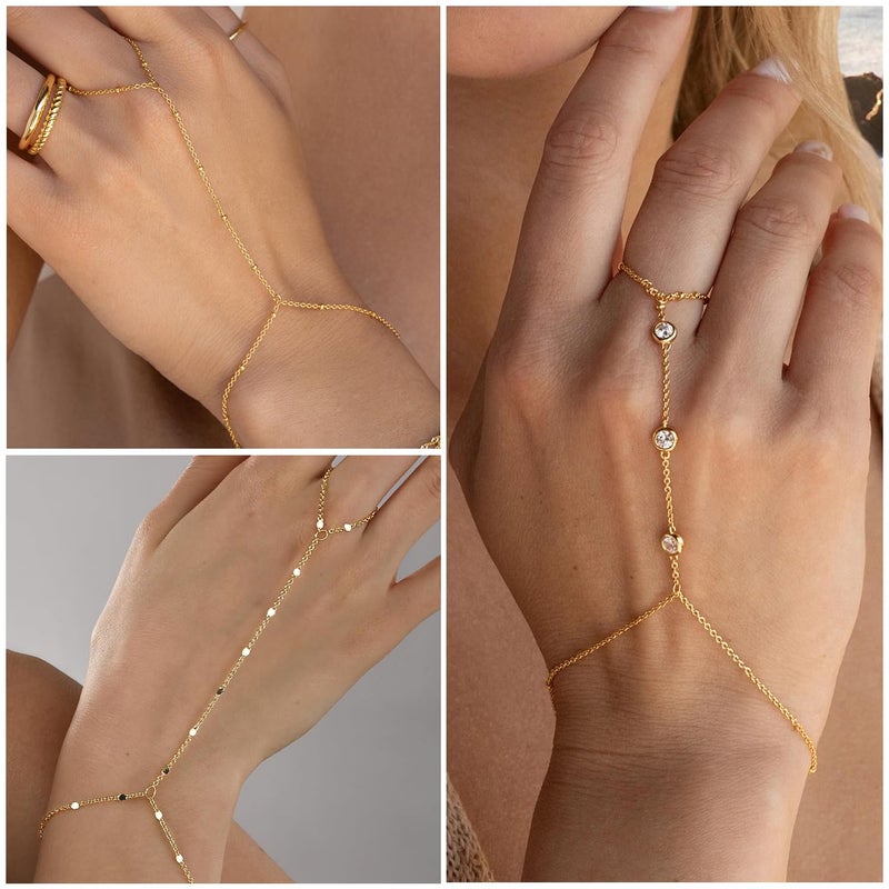 17mile 3PCS 14K Gold-Plated Hand Chain Bracelets for Women, Stack Bracelets Set Adjustable, Dainty Ring Bracelet Hand Chain - Image 5
