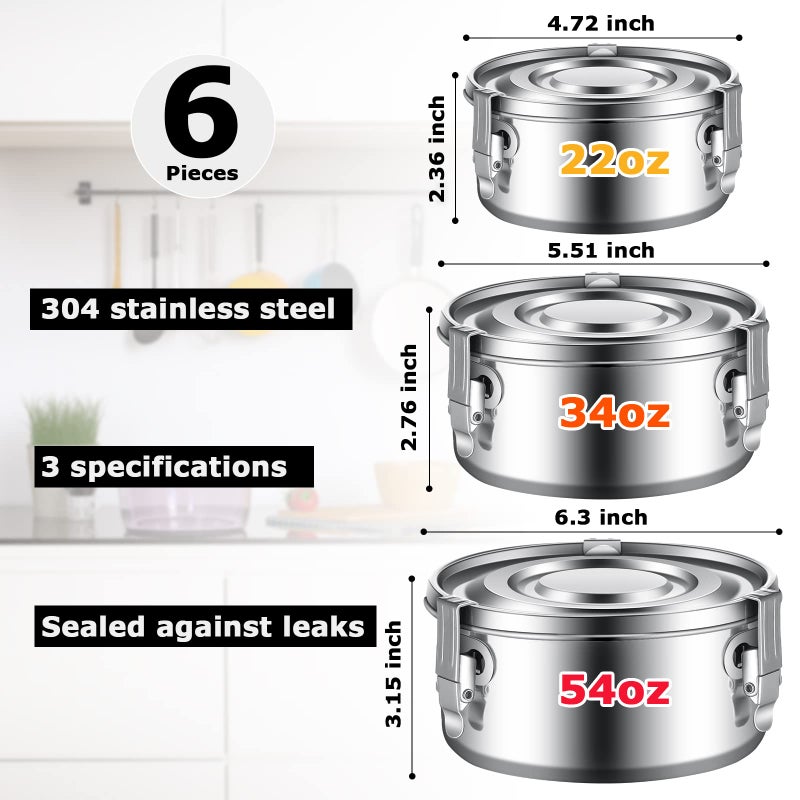 Zopeal 6 Pcs Stainless Steel Food Storage Containers with Lid Bento Lunch Boxes Reusable Metal Flat Canisters for Camping Trips Picnic Snacks Soups Salads Leftovers, 3 Sizes (22oz, 34oz, 54oz) - Image 2