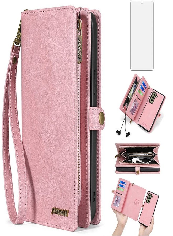 أسو ويش جراب هاتف Asuwish لهاتف سامسونج جالاكسي S21 FE 5G، مزود بسحاب وغطاء قابل للفصل مع واقي شاشة من الزجاج المقوى وحامل بطاقات قابل للطي. متوافق مع موديلات Cell S 21 EF S21FE5G UW S21FE 21S G5، مقاس 6.4 بوصة، لون وردي، مناسب للرجال والنساء. - Image 1