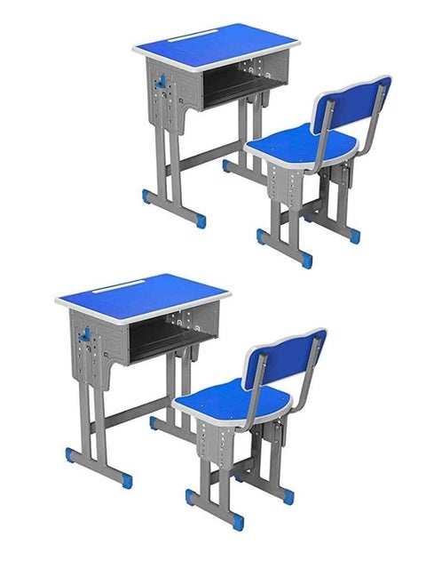 A children's study desk set consisting of 4 pieces (two tables and two chairs), a chair and a study table An educational desk set made of iron and fiber